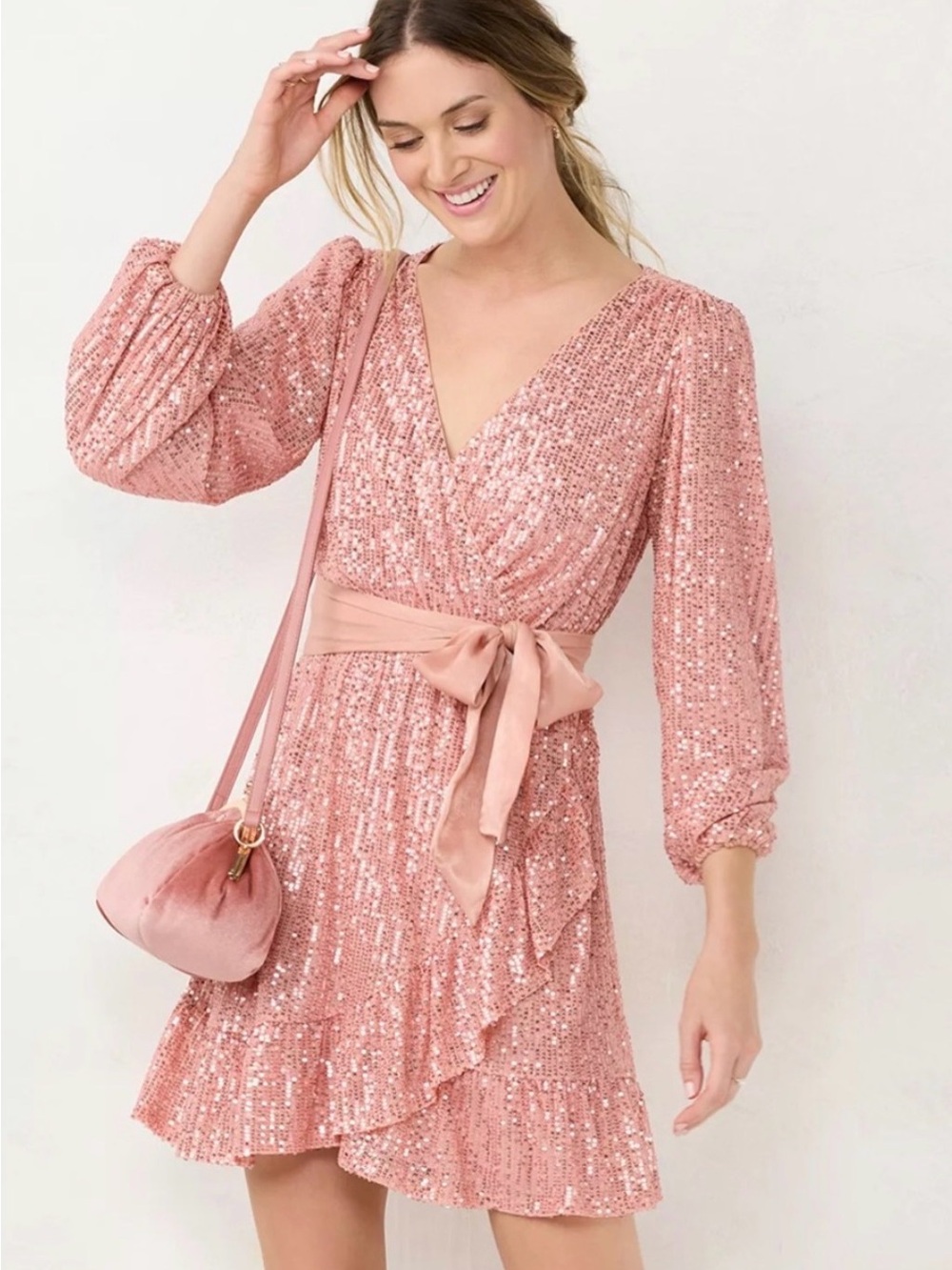 LC Lauren Conrad Rose Pink Sequin Wrap Mini Dress